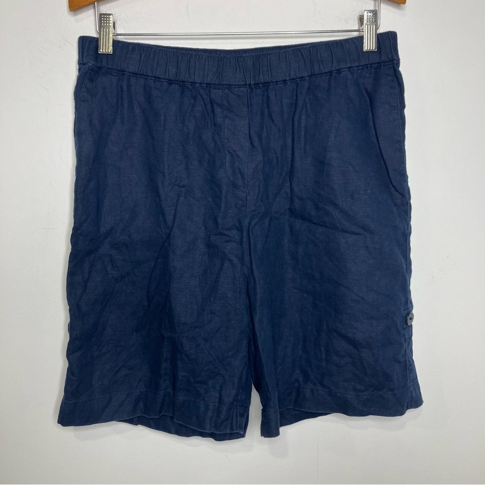Pure Jill 100% linen pull on shorts navy blue roll tab hem women’s‎ size small